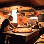**A cozy pizzeria interior:** Focus on warm lighting, a passionate pizzaiolo working with fresh ingredients, and a hint of a "secret family recipe" vibe. Emphasis on the story behind the food, not just a generic pizza photo. Style: warm, inviting, slightly vintage.