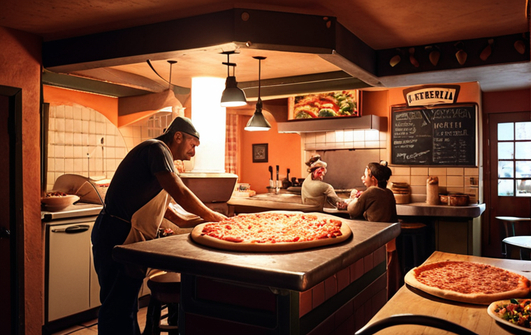 **A cozy pizzeria interior:** Focus on warm lighting, a passionate pizzaiolo working with fresh ingredients, and a hint of a "secret family recipe" vibe. Emphasis on the story behind the food, not just a generic pizza photo. Style: warm, inviting, slightly vintage.