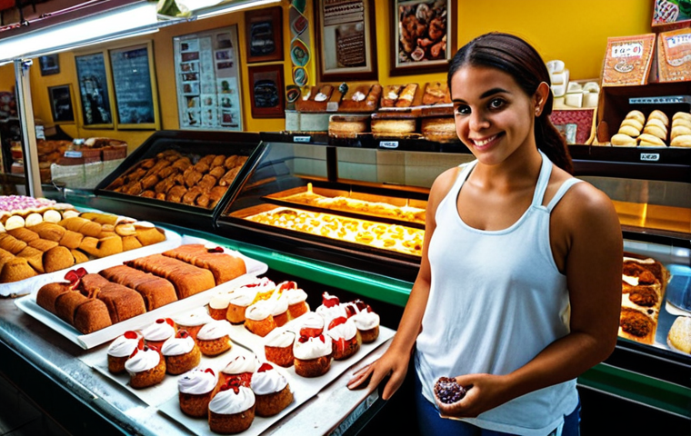 **
Vibrant local market scene, featuring a Brazilian woman proudly displaying homemade cakes alongside an Instagram profile screenshot promoting her business. Focus on warm lighting and a sense of community.
**
