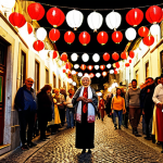**

A vibrant street scene in Lisbon during the *Festas de Lisboa*. Paper lanterns hang overhead, illuminating the cobblestone streets. People are gathered, enjoying grilled sardines (*sardinhas assadas*), vinho tinto in hand, and listening to Fado music. An elderly woman wearing a traditional shawl smiles warmly at the viewer.

**
