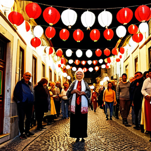 **

A vibrant street scene in Lisbon during the *Festas de Lisboa*. Paper lanterns hang overhead, illuminating the cobblestone streets. People are gathered, enjoying grilled sardines (*sardinhas assadas*), vinho tinto in hand, and listening to Fado music. An elderly woman wearing a traditional shawl smiles warmly at the viewer.

**
