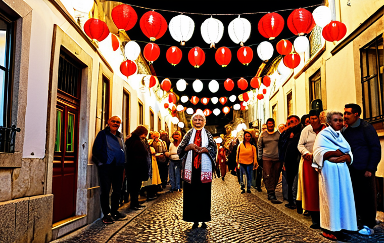 **
A vibrant street scene in Lisbon during the *Festas de Lisboa*. Paper lanterns hang overhead, illuminating the cobblestone streets. People are gathered, enjoying grilled sardines (*sardinhas assadas*), vinho tinto in hand, and listening to Fado music. An elderly woman wearing a traditional shawl smiles warmly at the viewer.
**