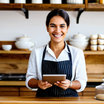 A professional, warm Brazilian businesswoman, the owner of a quaint local bakery, stands behind a rustic wooden counter. She is fully clothed in a modest, clean apron over a professional blouse, smiling gently. On the counter, a modern tablet displays an online order interface with a subtle world map icon, suggesting global reach. Shelves filled with artisanal products are visible in the soft, inviting natural light of the background. The scene conveys a blend of tradition and digital innovation, reflecting the growing global presence of small businesses. Perfect anatomy, correct proportions, natural pose, well-formed hands, proper finger count, natural body proportions, safe for work, appropriate content, appropriate attire, family-friendly, high quality, professional photography.