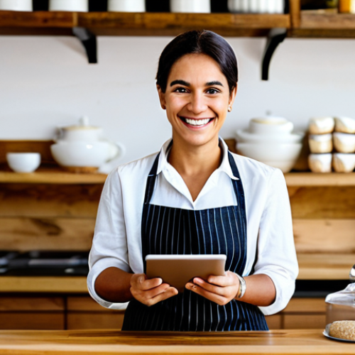 A professional, warm Brazilian businesswoman, the owner of a quaint local bakery, stands behind a rustic wooden counter. She is fully clothed in a modest, clean apron over a professional blouse, smiling gently. On the counter, a modern tablet displays an online order interface with a subtle world map icon, suggesting global reach. Shelves filled with artisanal products are visible in the soft, inviting natural light of the background. The scene conveys a blend of tradition and digital innovation, reflecting the growing global presence of small businesses. Perfect anatomy, correct proportions, natural pose, well-formed hands, proper finger count, natural body proportions, safe for work, appropriate content, appropriate attire, family-friendly, high quality, professional photography.