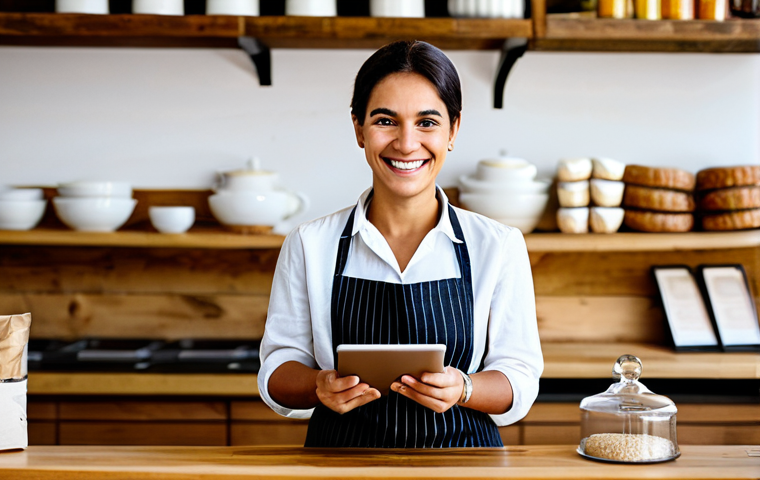 A professional, warm Brazilian businesswoman, the owner of a quaint local bakery, stands behind a rustic wooden counter. She is fully clothed in a modest, clean apron over a professional blouse, smiling gently. On the counter, a modern tablet displays an online order interface with a subtle world map icon, suggesting global reach. Shelves filled with artisanal products are visible in the soft, inviting natural light of the background. The scene conveys a blend of tradition and digital innovation, reflecting the growing global presence of small businesses. Perfect anatomy, correct proportions, natural pose, well-formed hands, proper finger count, natural body proportions, safe for work, appropriate content, appropriate attire, family-friendly, high quality, professional photography.