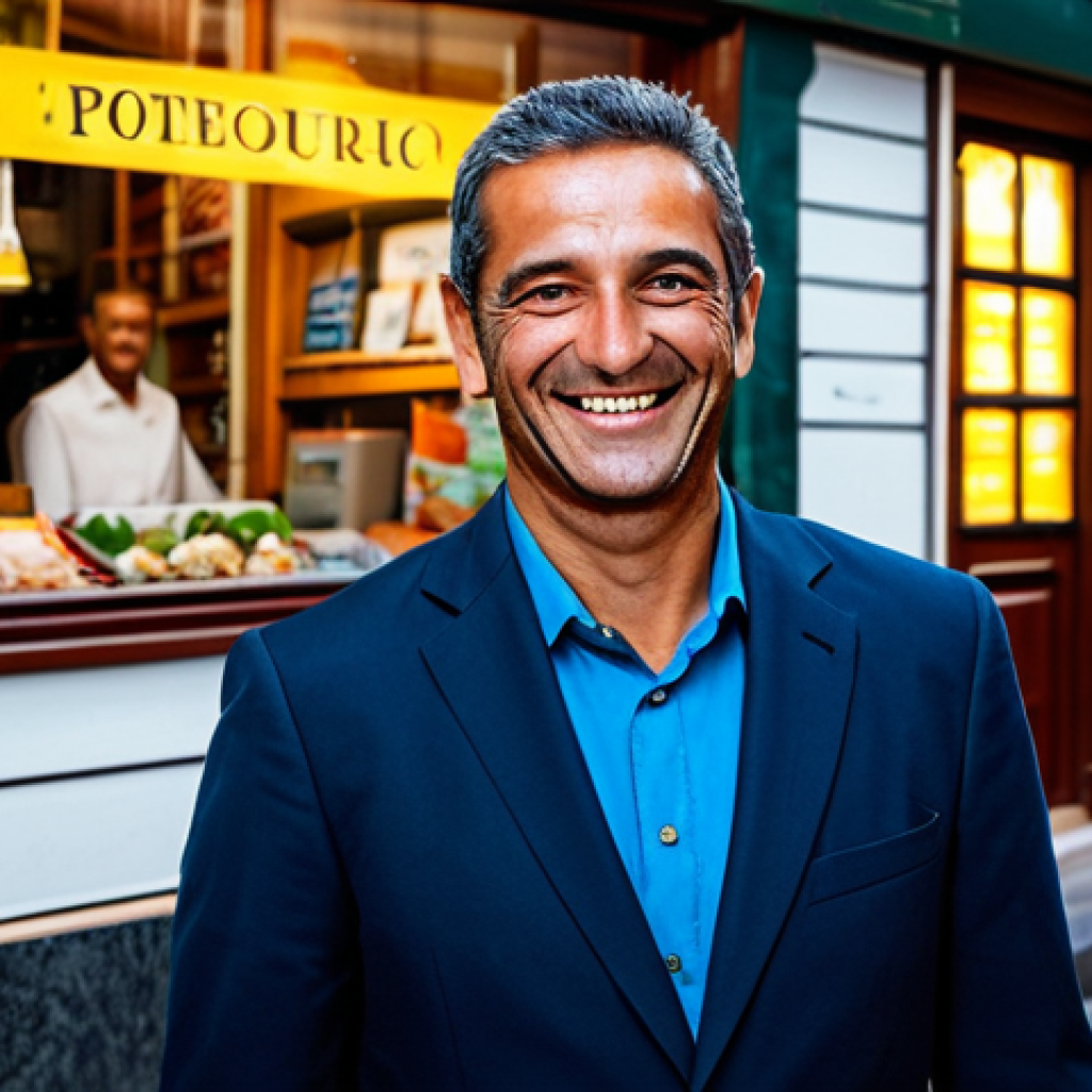 Local Business Success**

"A cheerful small business owner, fully clothed in professional attire, smiles in front of their shop. The shop has a digital sign and a website address displayed. Warm, inviting lighting. Background shows a bustling street scene in a Portuguese city. Safe for work, appropriate content, perfect anatomy, professional photography, modest clothing, family-friendly, high quality."

**