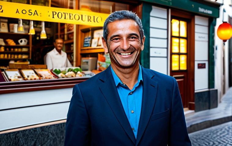 Local Business Success**

"A cheerful small business owner, fully clothed in professional attire, smiles in front of their shop. The shop has a digital sign and a website address displayed. Warm, inviting lighting. Background shows a bustling street scene in a Portuguese city. Safe for work, appropriate content, perfect anatomy, professional photography, modest clothing, family-friendly, high quality."

**