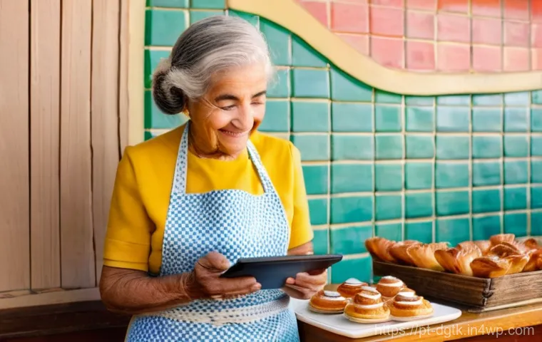 로컬 경제의 디지털화에 따른 사회적 변화 - **Prompt:** A heartwarming scene inside a charming, traditional Portuguese *pastelaria* (bakery/past...