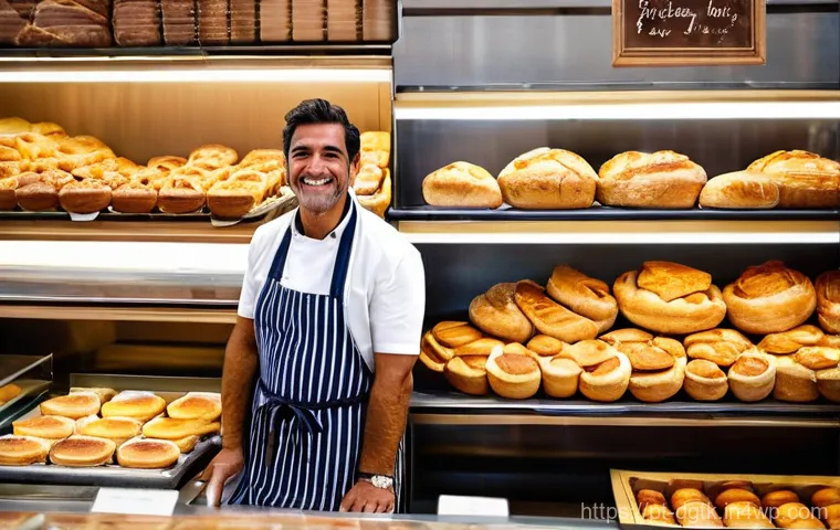 로컬 디지털 경제의 지속 가능성 - **Prompt:** A cheerful, middle-aged Portuguese baker, wearing a traditional apron, stands proudly be...