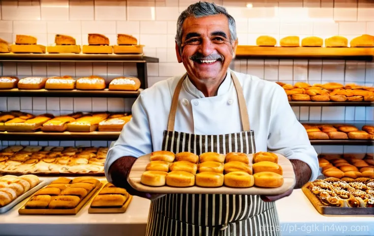 로컬 디지털 경제의 지속 가능성 - **Prompt:** A cheerful, middle-aged Portuguese baker, wearing a traditional apron, stands proudly be...
