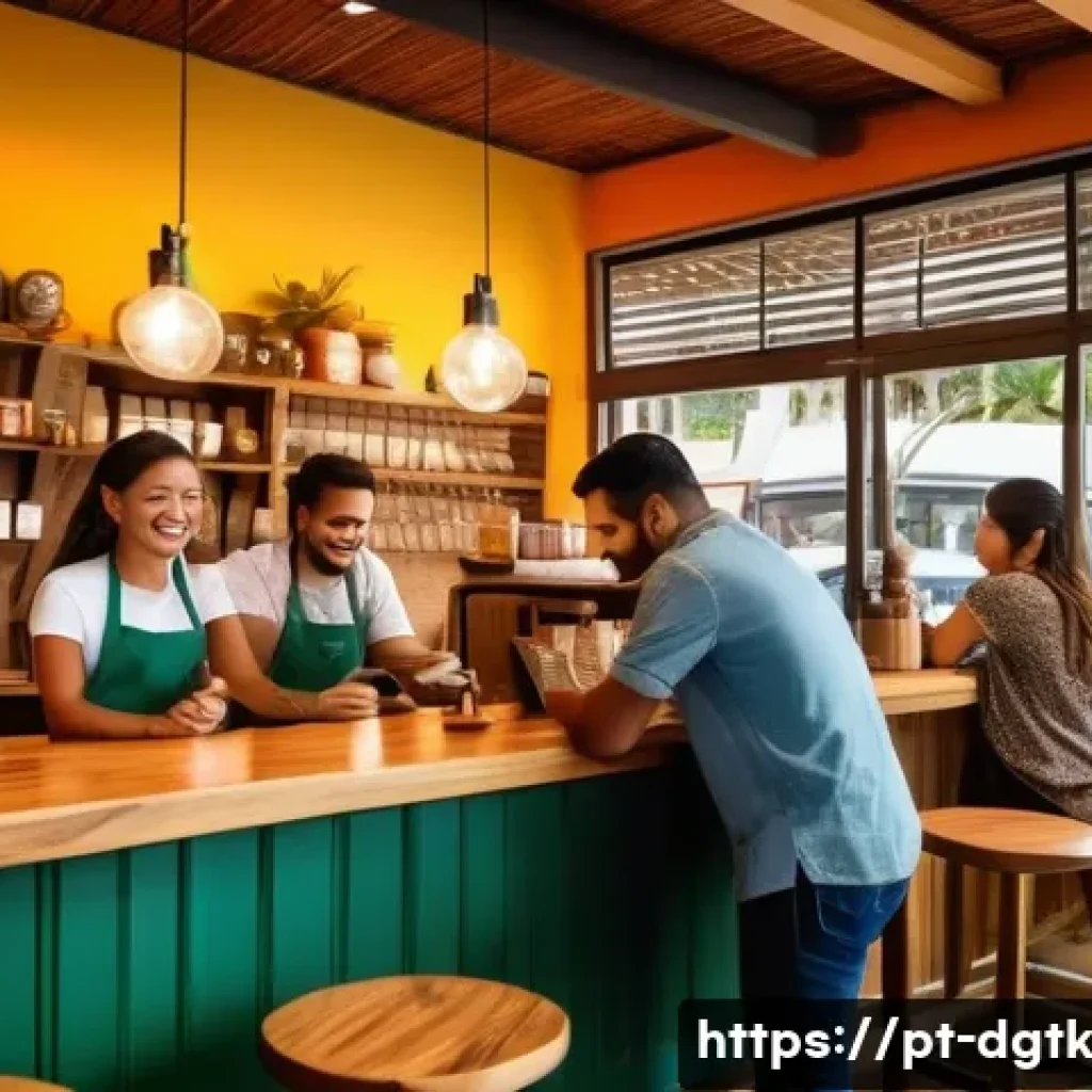 로컬 비즈니스의 소셜 미디어 활용 성공 사례 - A vibrant local caf&eacute; scene in a Brazilian neighborhood, featuring baristas preparing regional coffee...