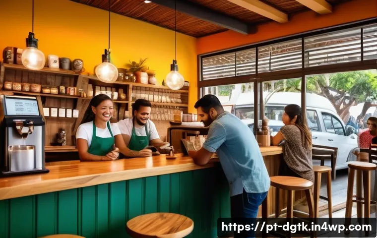 로컬 비즈니스의 소셜 미디어 활용 성공 사례 - A vibrant local caf&eacute; scene in a Brazilian neighborhood, featuring baristas preparing regional coffee...