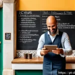 로컬 경제에서의 디지털 기술 발전 현황 - A vibrant small Portuguese caf&eacute; in Lisbon embracing digital transformation: a cozy interior with a b...