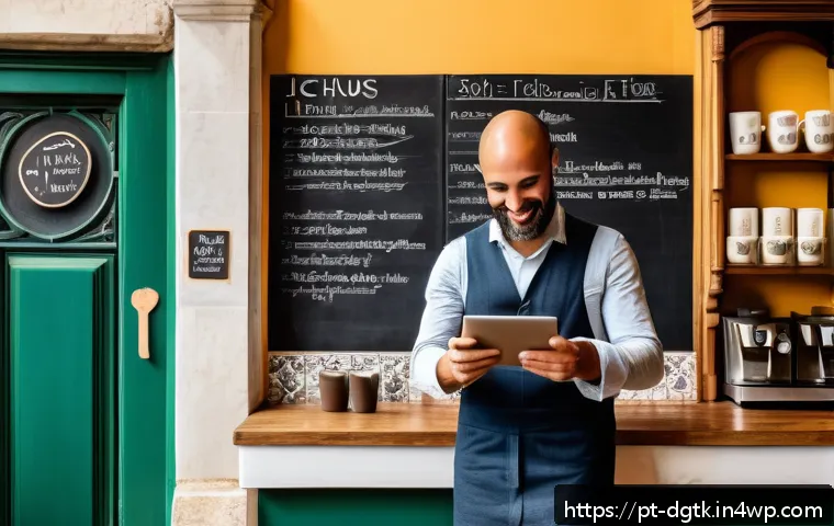 로컬 경제에서의 디지털 기술 발전 현황 - A vibrant small Portuguese caf&eacute; in Lisbon embracing digital transformation: a cozy interior with a b...