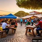 로컬 디지털 경제의 성공적인 사례 연구 - A vibrant small Brazilian town square at sunset, bustling with diverse local entrepreneurs operating...