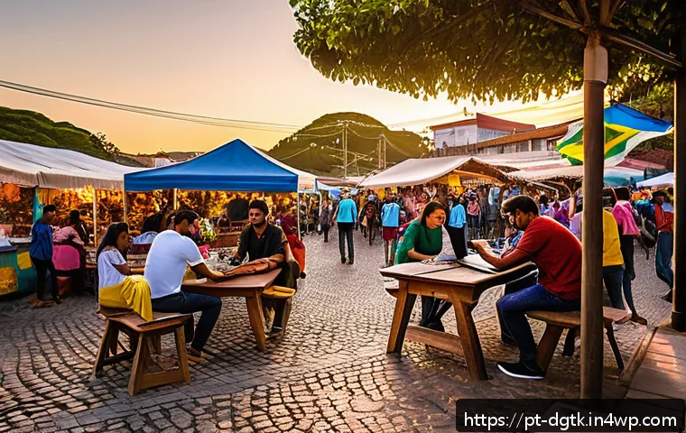 로컬 디지털 경제의 성공적인 사례 연구 - A vibrant small Brazilian town square at sunset, bustling with diverse local entrepreneurs operating...